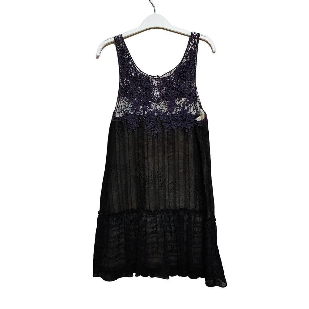 FREE PEOPLE Purple CROCHET neckline Black Layered Dress Flowy Pleated Hem Size S